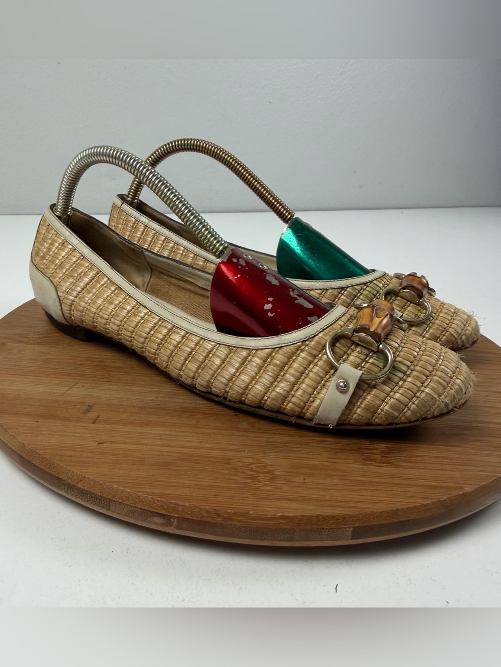 Gucci Beige Raffia Bamboo and Leather Horsebit Flats